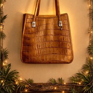 Brighton Brown Crocodile-Embossed Purse with Silver Accents